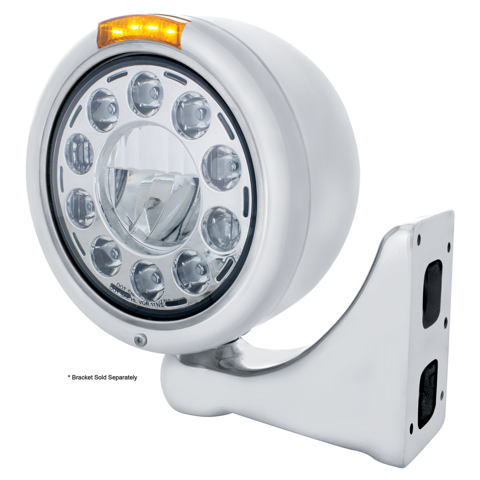 Stainless Steel "Classic" Half-Moon Peterbilt 11 High Power Led Crystal Headlight W/ 4 Amber Led Signal Light - Amber Lens