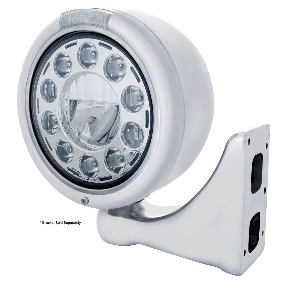 Stainless Steel "Classic" Half-Moon Peterbilt 11 High Power Led Crystal Headlight W/ 4 Amber Led Signal Light - Clear Lens