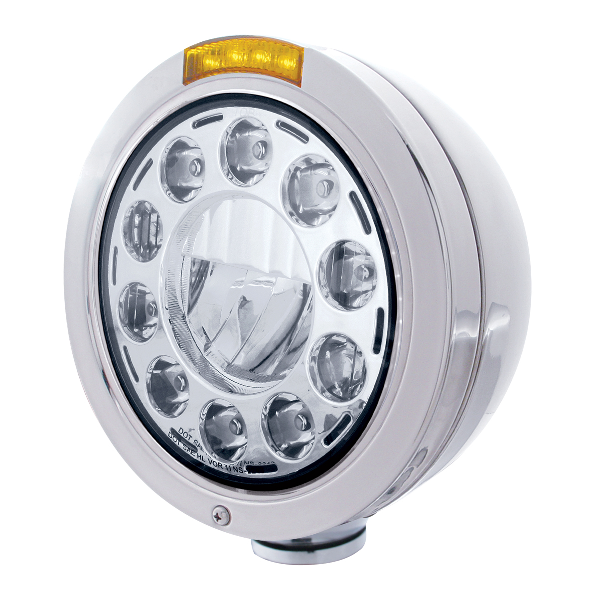 Stainless Steel "Bullet" Peterbilt 11 High Power Led Headlight W/ 4 Amber Led Signal Light - Amber Lens