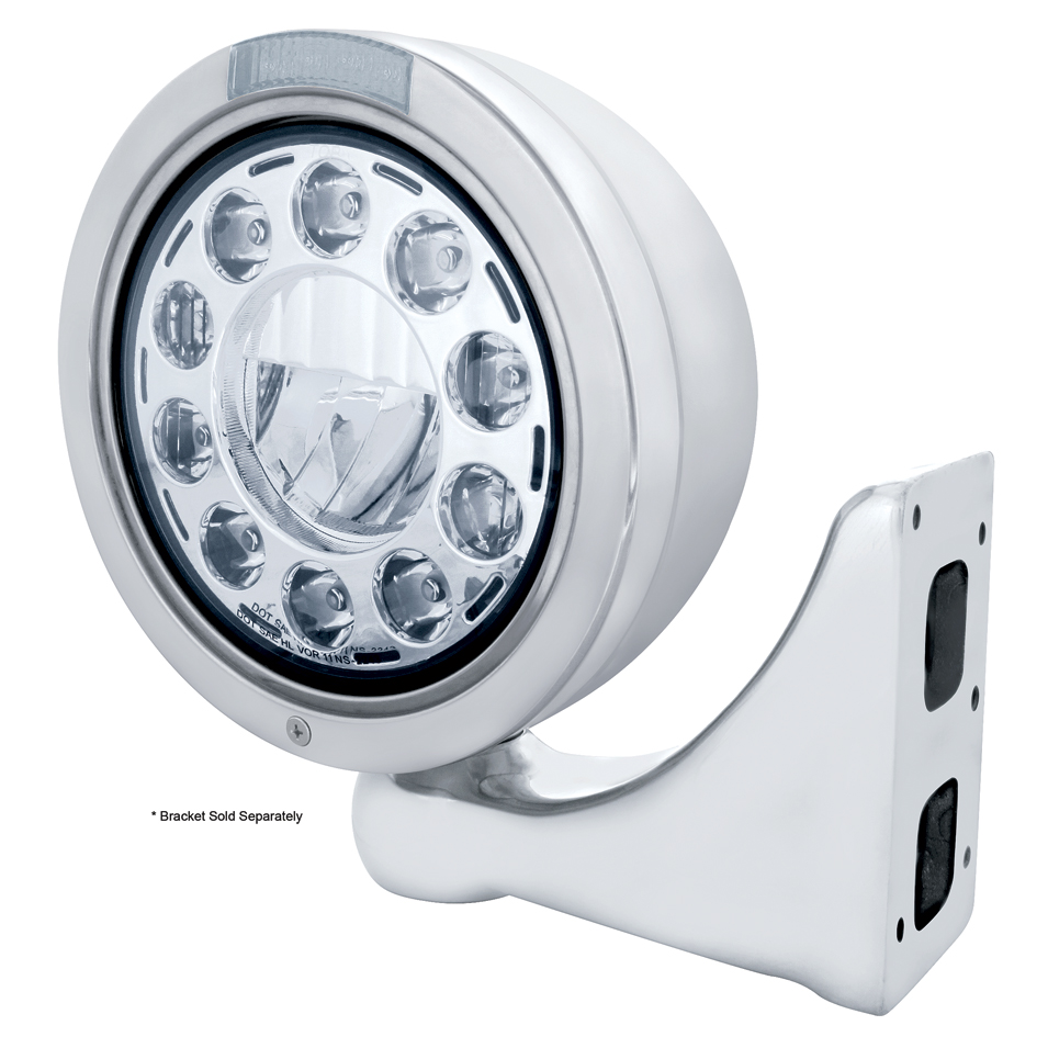 Stainless Steel "Bullet" Peterbilt 11 High Power Led Headlight W/ 4 Amber Led Signal Light - Clear Lens