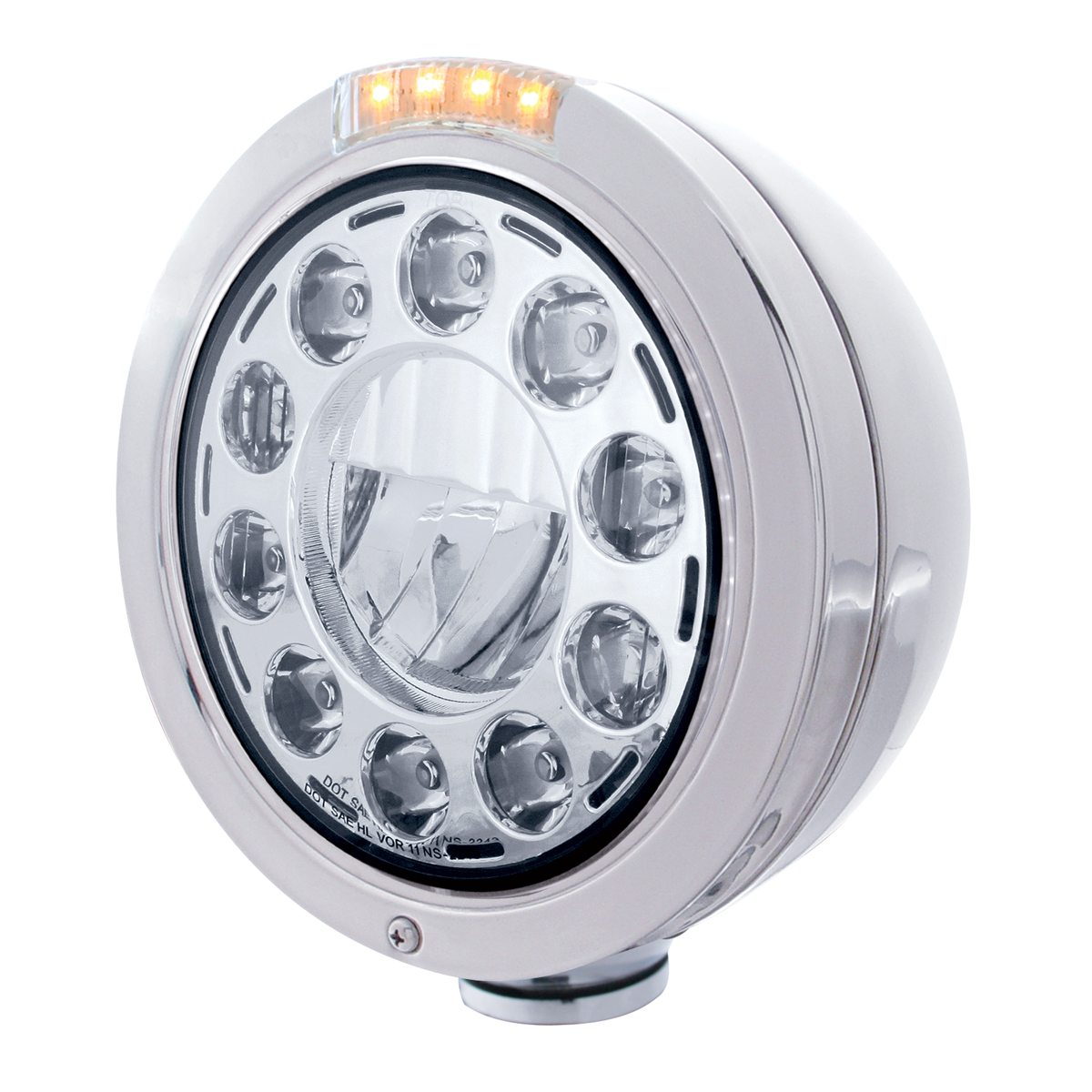 Stainless Steel "Bullet" Peterbilt 11 High Power Led Crystal Headlight W/ 4 Amb Led Dual Function Signal Light - Clear Lens