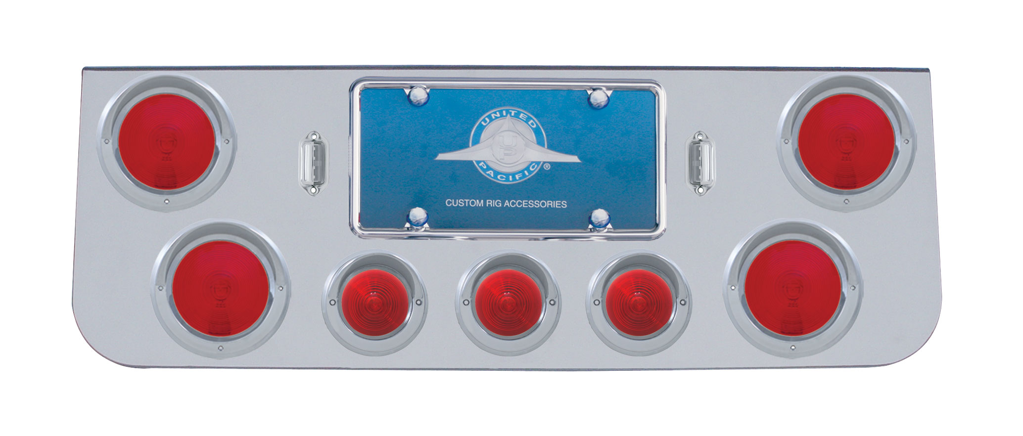 Chrome Rear Center Light Panel W/ Four 4" & Three 2 1/2" Round Light W/ Visor - Red Lens
