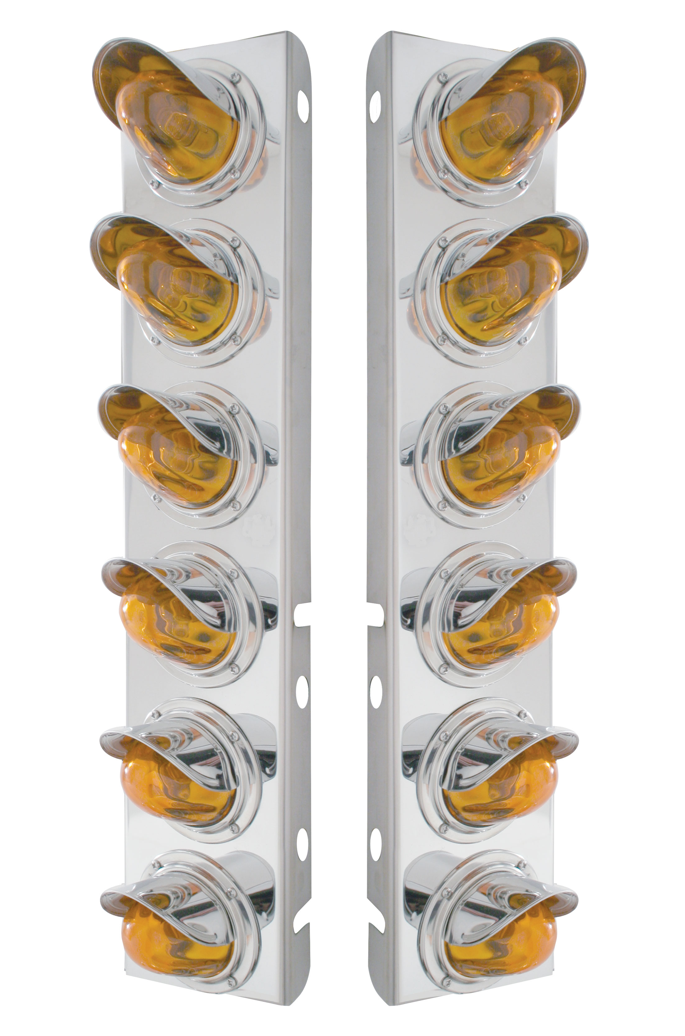 (2/Bulk) Stainless Steel Peterbilt 12 Light Cutout Front Air Cleaner Light Bracket W/ Medium Glass Watermelon Light W/ Visor - Amber