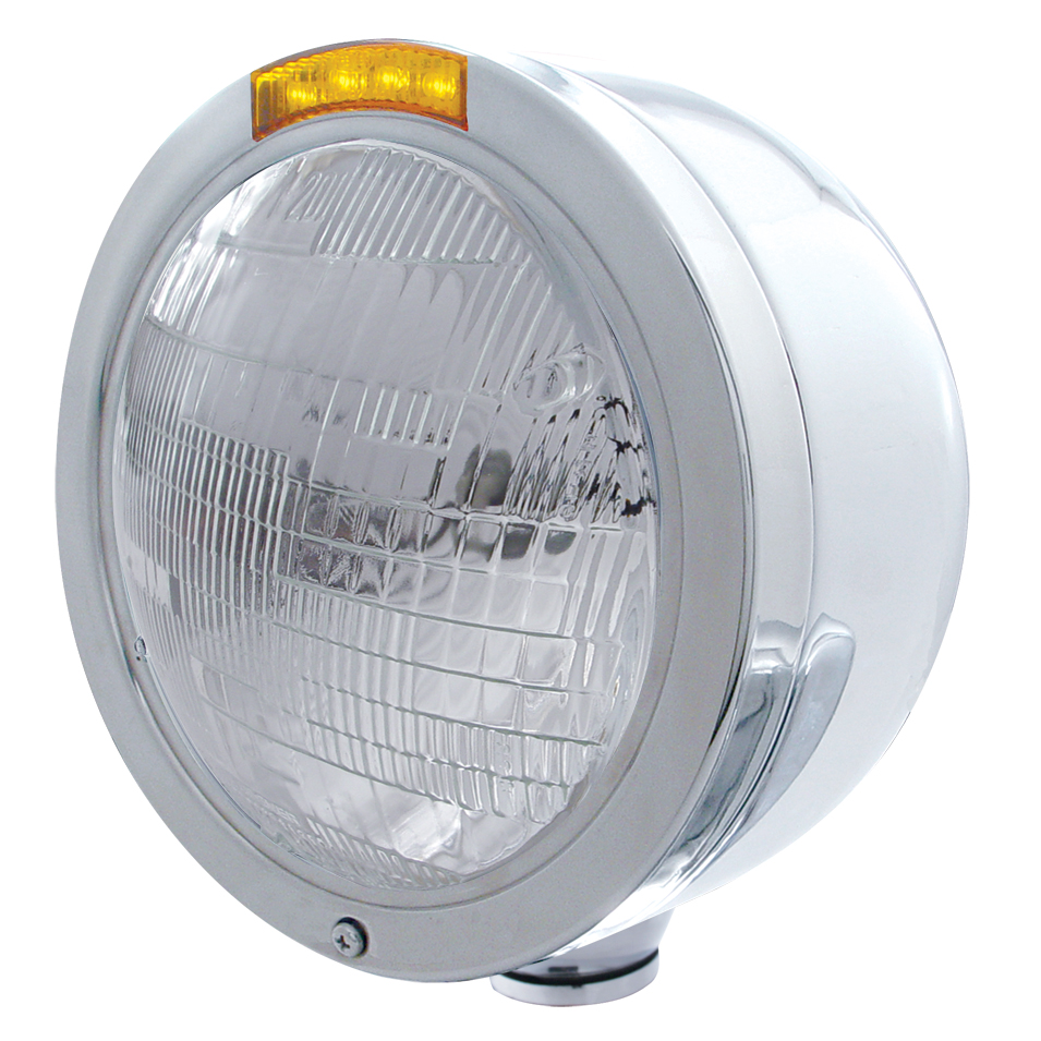 Stainless Steel "Bullet" Half-Moon Peterbilt 6014 Sealed Beam Headlight W/ 4 Amber Led Signal Light - Amber Lens