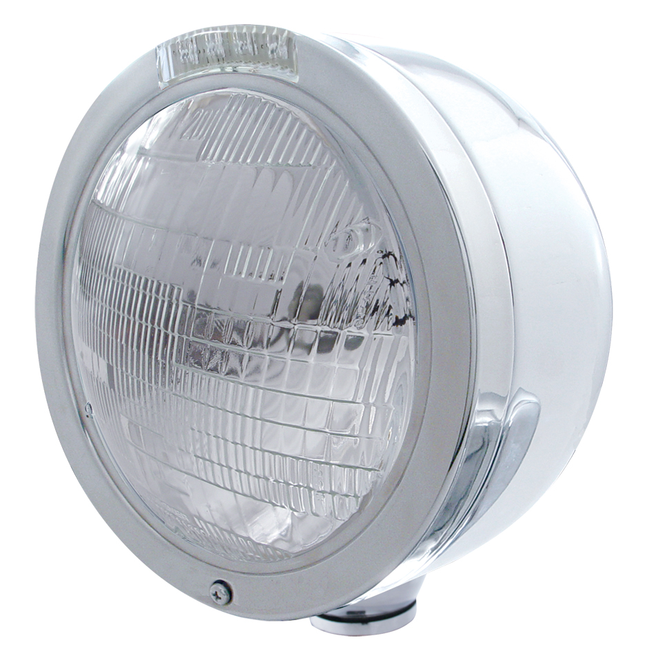 Stainless Steel "Bullet" Half-Moon Peterbilt 6014 Sealed Beam Headlight W/ 4 Amber Led Signal Light - Clear Lens