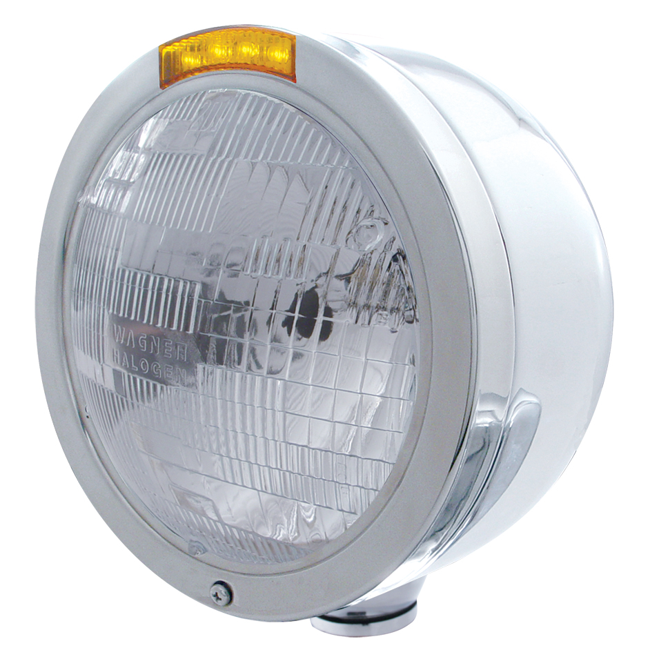 Stainless Steel "Bullet" Half-Moon Peterbilt H6024 Halogen Headlight W/ 4 Amber Led Signal Light - Amber Lens