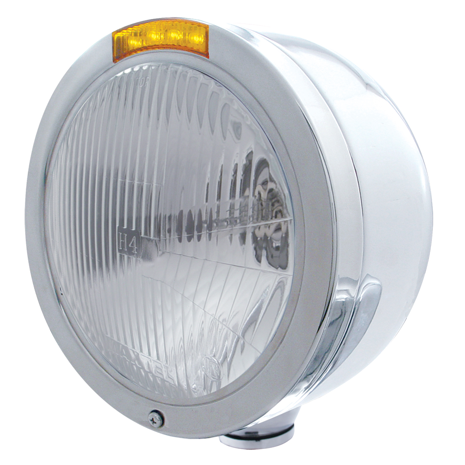 Stainless Steel "Bullet" Half-Moon Peterbilt H4 Halogen Headlight W/ 4 Amber Led Signal Light - Amber Lens