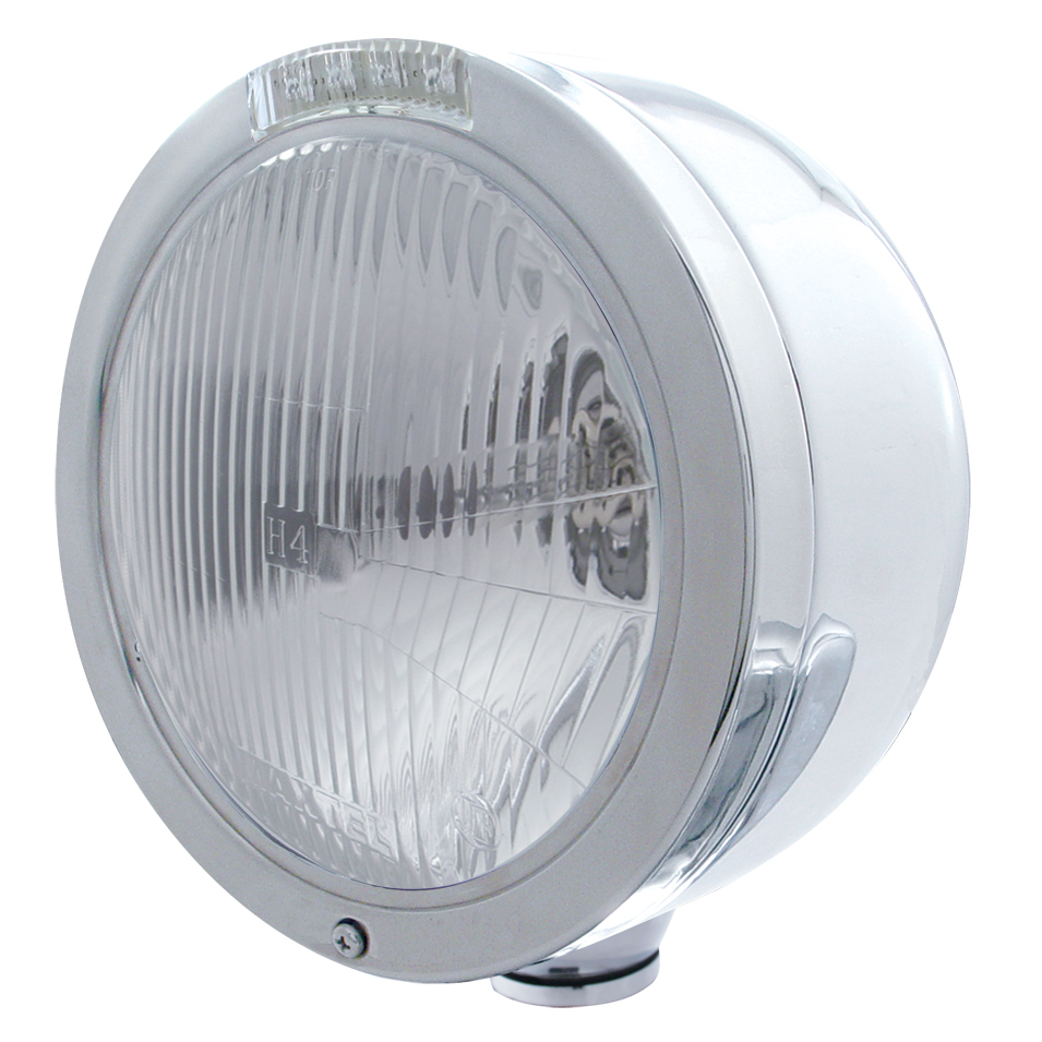 Stainless Steel "Bullet" Half-Moon Peterbilt H4 Halogen Headlight W/ 4 Amber Led Signal Light - Clear Lens