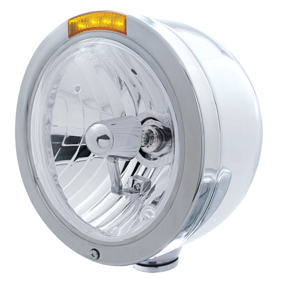 Stainless Steel "Bullet" Half-Moon Peterbilt Crystal H4 Halogen Headlight W/ 4 Amber Led Signal Light - Amber Lens