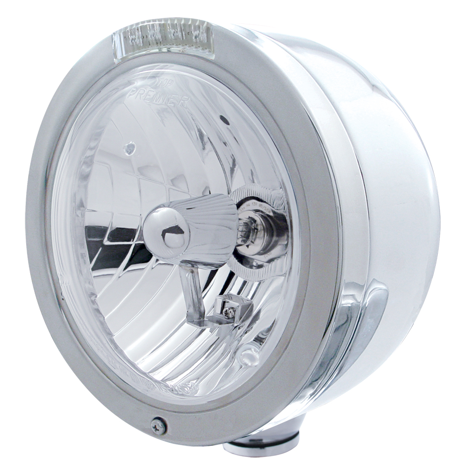 Stainless Steel "Bullet" Half-Moon Peterbilt Crystal H4 Halogen Headlight W/ 4 Amber Led Signal Light - Clear Lens