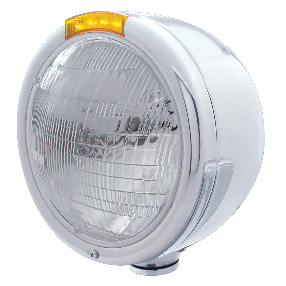 Stainless Steel "Classic" Half-Moon Peterbilt 6014 Sealed Beam Headlight W/ 4 Amber Led Signal Light - Amber Lens