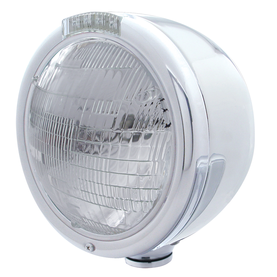 Stainless Steel "Classic" Half-Moon Peterbilt 6014 Sealed Beam Headlight W/ 4 Amber Led Signal Light - Clear Lens