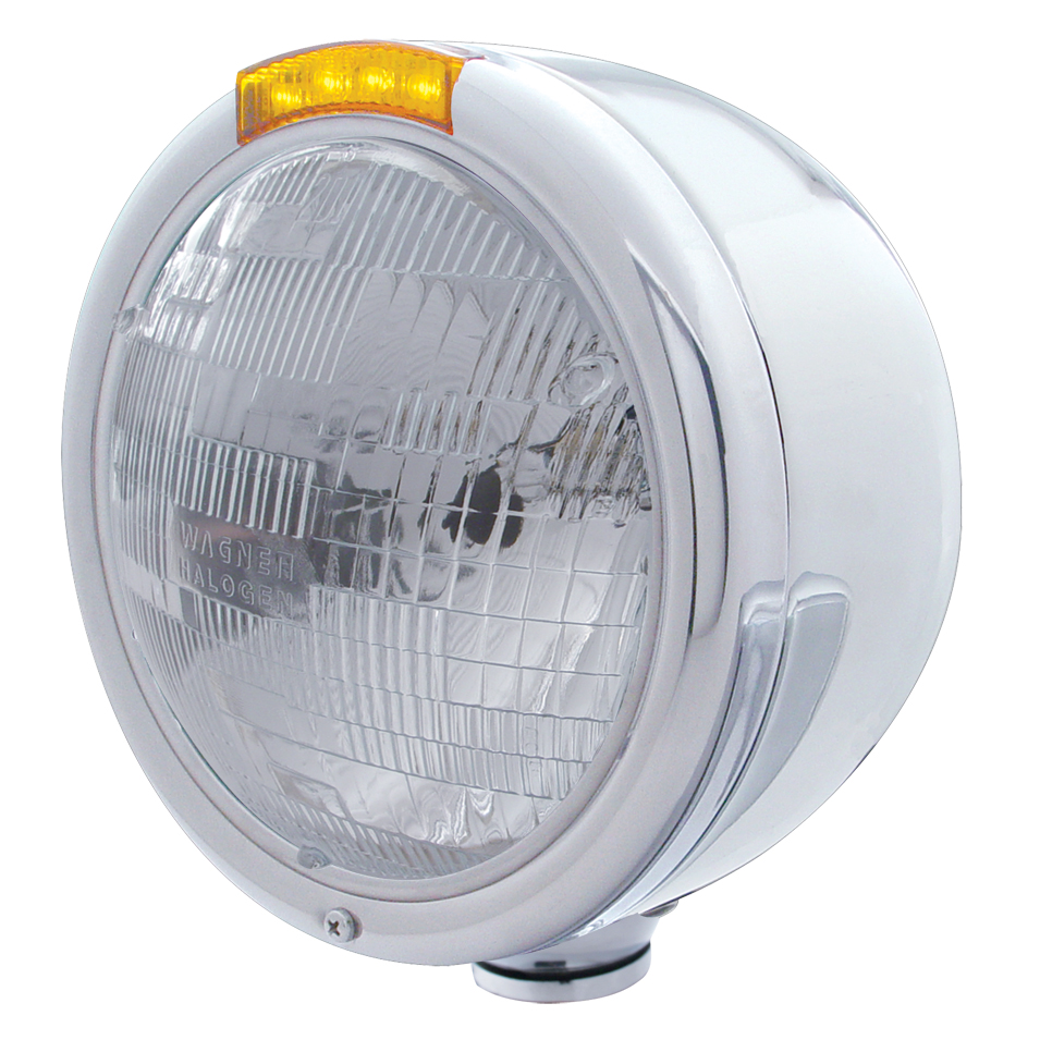 Stainless Steel "Classic" Half-Moon Peterbilt H6024 Halogen Headlight W/ 4 Amber Led Signal Light - Amber Lens