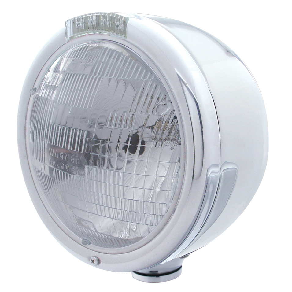 Stainless Steel "Classic" Half-Moon Peterbilt H6024 Halogen Headlight W/ 4 Amber Led Signal Light - Clear Lens