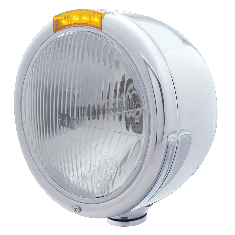 Stainless Steel "Classic" Half-Moon Peterbilt H4 Halogen Headlight W/ 4 Amber Led Signal Light - Amber Lens