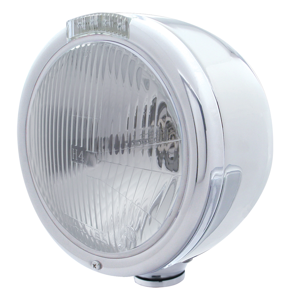 Stainless Steel "Classic" Half-Moon Peterbilt H4 Halogen Headlight W/ 4 Amber Led Signal Light - Clear Lens