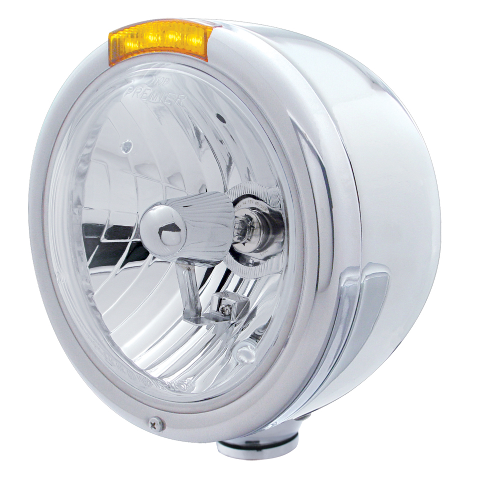 Stainless Steel "Classic" Half-Moon Peterbilt Crystal H4 Halogen Headlight W/ 4 Amber Led Signal Light - Amber Lens