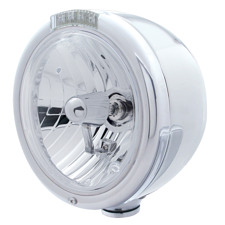 Stainless Steel "Classic" Half-Moon Peterbilt Crystal H4 Halogen Headlight W/ 4 Amber Led Signal Light - Clear Lens