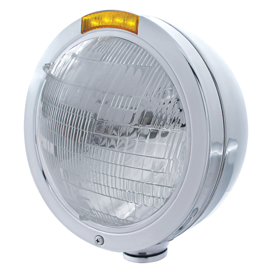 Stainless Steel "Bullet" Peterbilt 6014 Sealed Beam Headlight W/ 4 Amber Led Signal Light - Amber Lens
