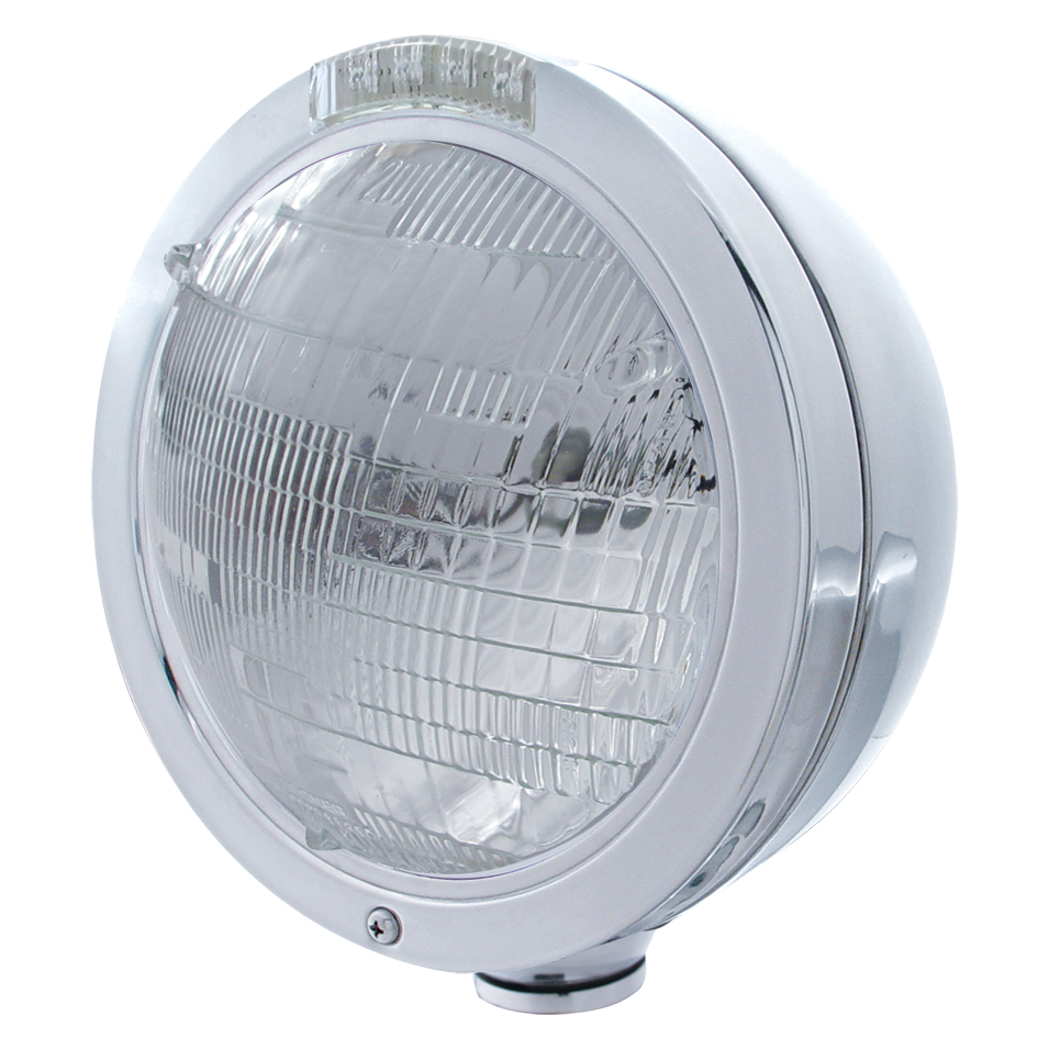 Stainless Steel "Bullet" Peterbilt 6014 Sealed Beam Headlight W/ 4 Amber Led Signal Light - Clear Lens
