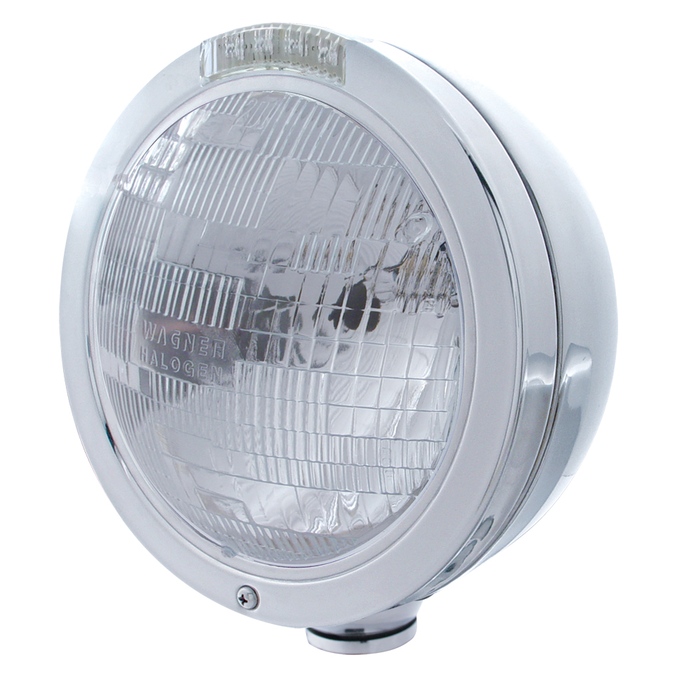 Stainless Steel "Bullet" Peterbilt H6024 Halogen Headlight W/ 4 Amber Led Signal Light - Clear Lens