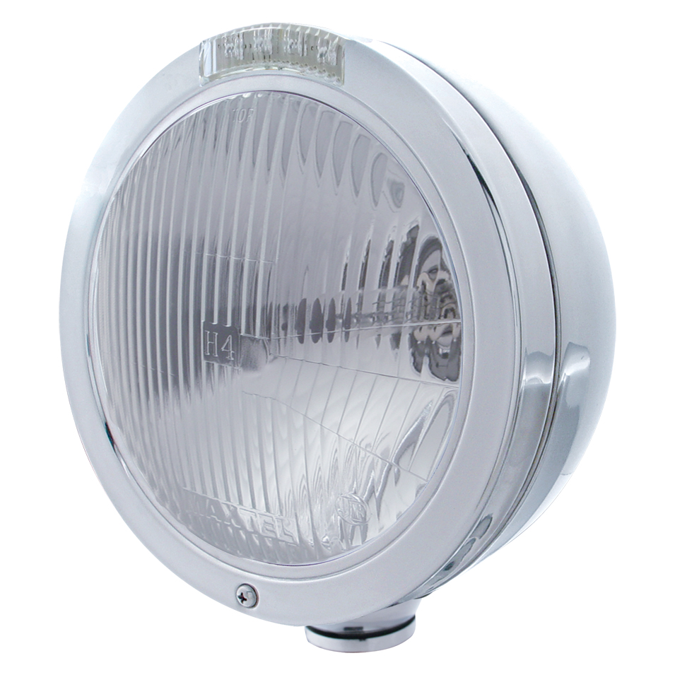 Stainless Steel "Bullet" Peterbilt H4 Halogen Headlight W/ 4 Amber Led Signal Light - Clear Lens