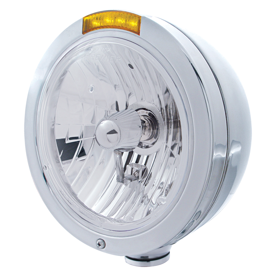 Stainless Steel "Bullet" Peterbilt Crystal H4 Halogen Headlight W/ 4 Amber Led Signal Light - Amber Lens