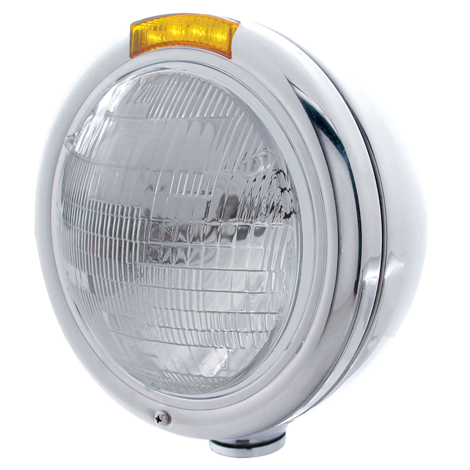 Stainless Steel "Classic" Peterbilt 6014 Sealed Beam Headlight W/ 4 Amber Led Signal Light - Amber Lens