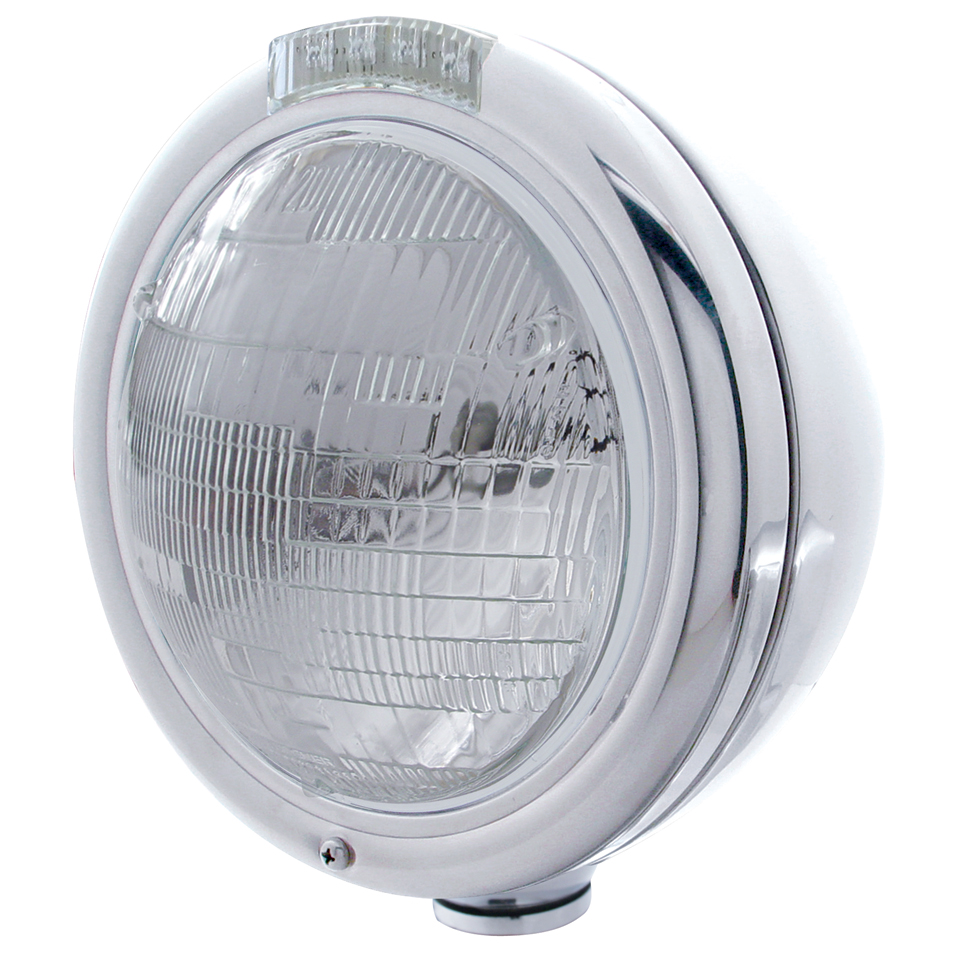 Stainless Steel "Classic" Peterbilt 6014 Sealed Beam Headlight W/ 4 Amber Led Signal Light - Clear Lens