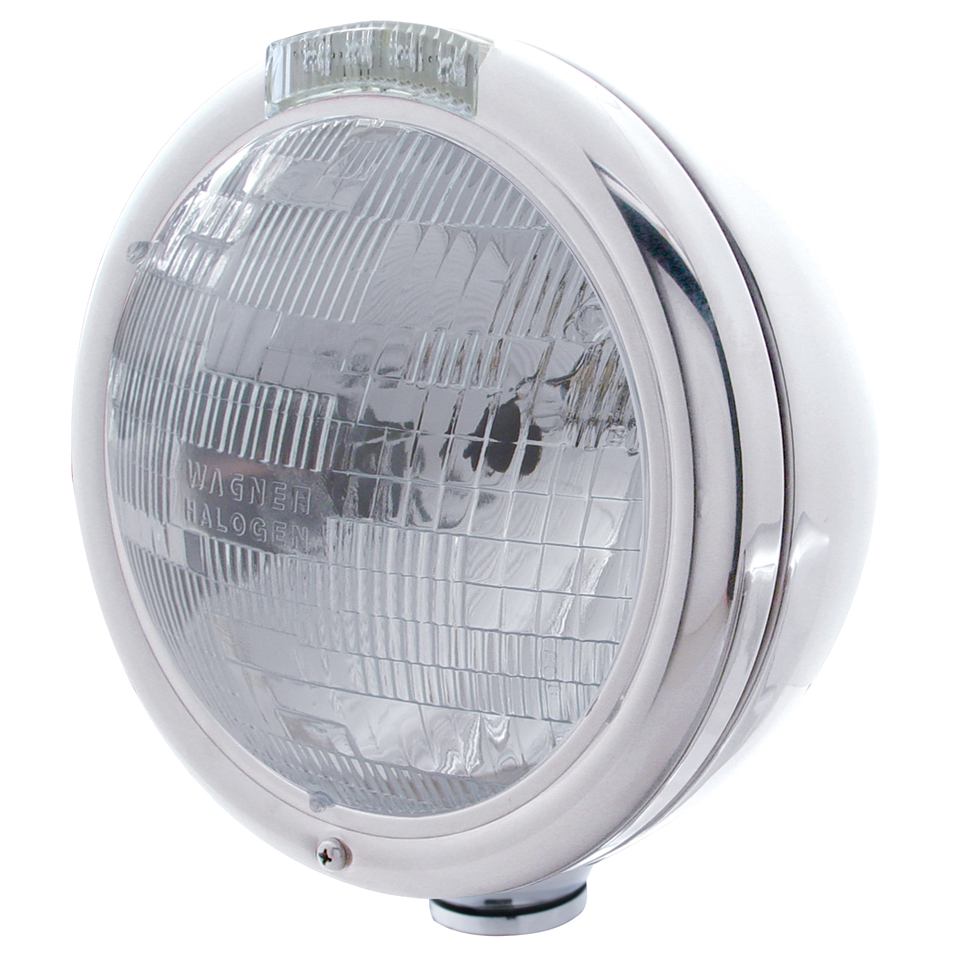 Stainless Steel "Classic" Peterbilt H6024 Halogen Headlight W/ 4 Amber Led Signal Light - Clear Lens