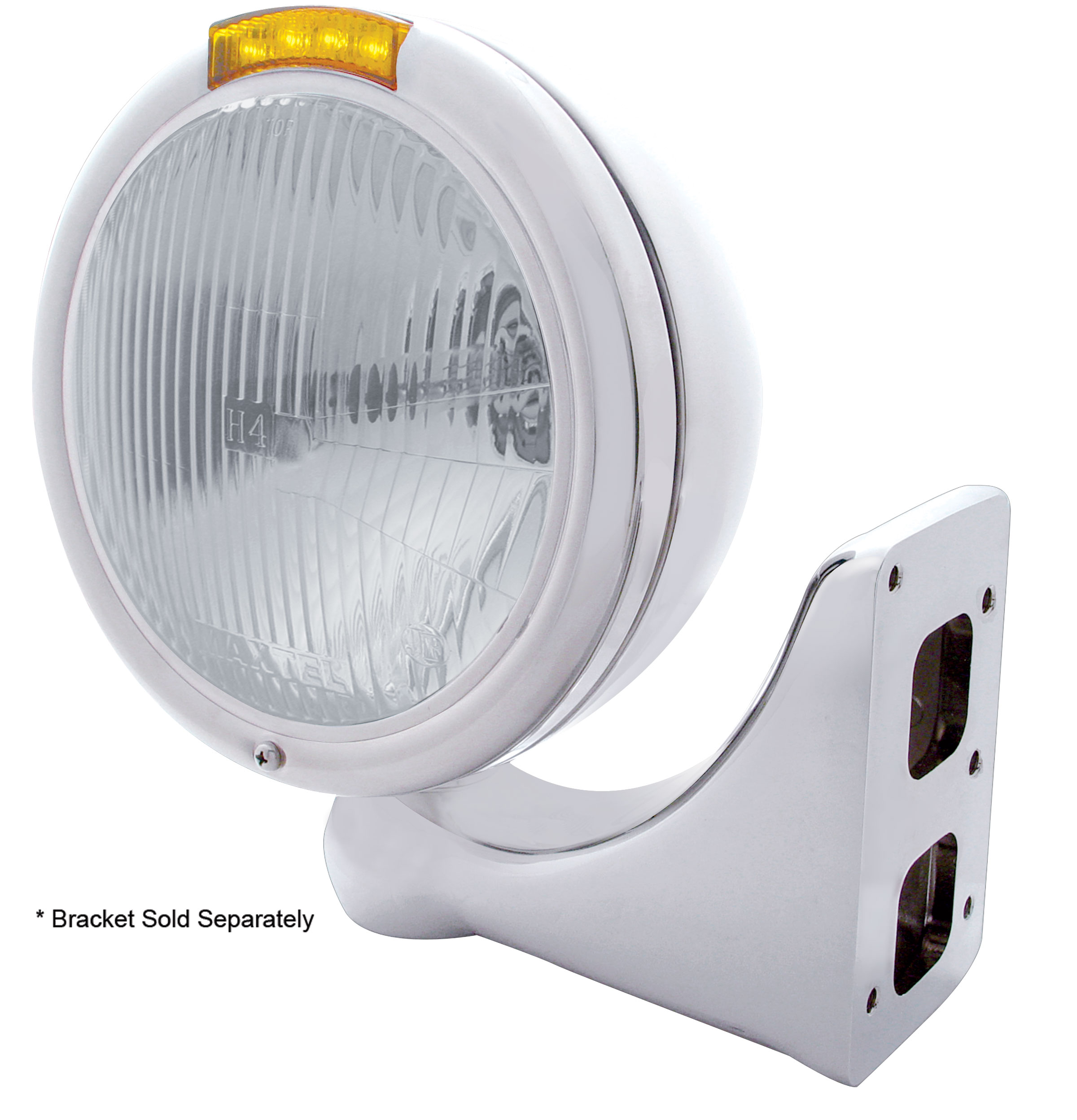 Stainless Steel "Classic" Peterbilt H4 Halogen Headlight W/ 4 Amber Led Signal Light - Amber Lens