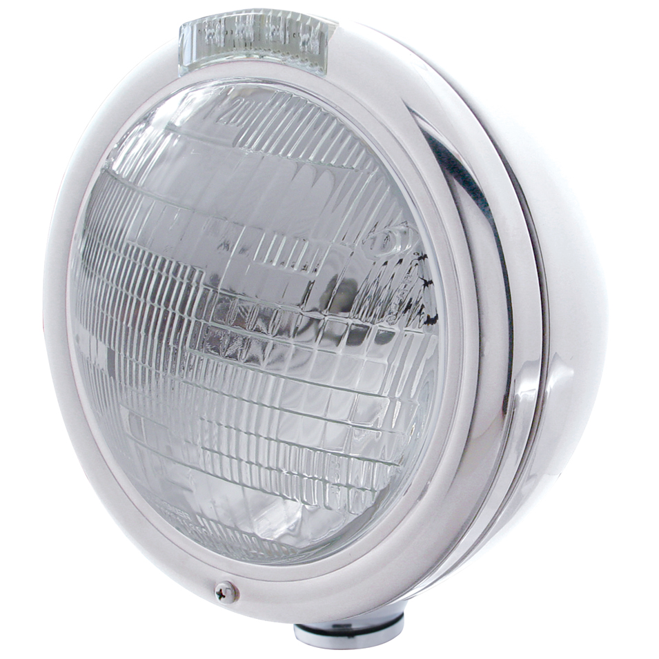 Chrome "Classic" Peterbilt 6014 Sealed Beam Headlight W/ 4 Amber Led Signal Light - Clear Lens