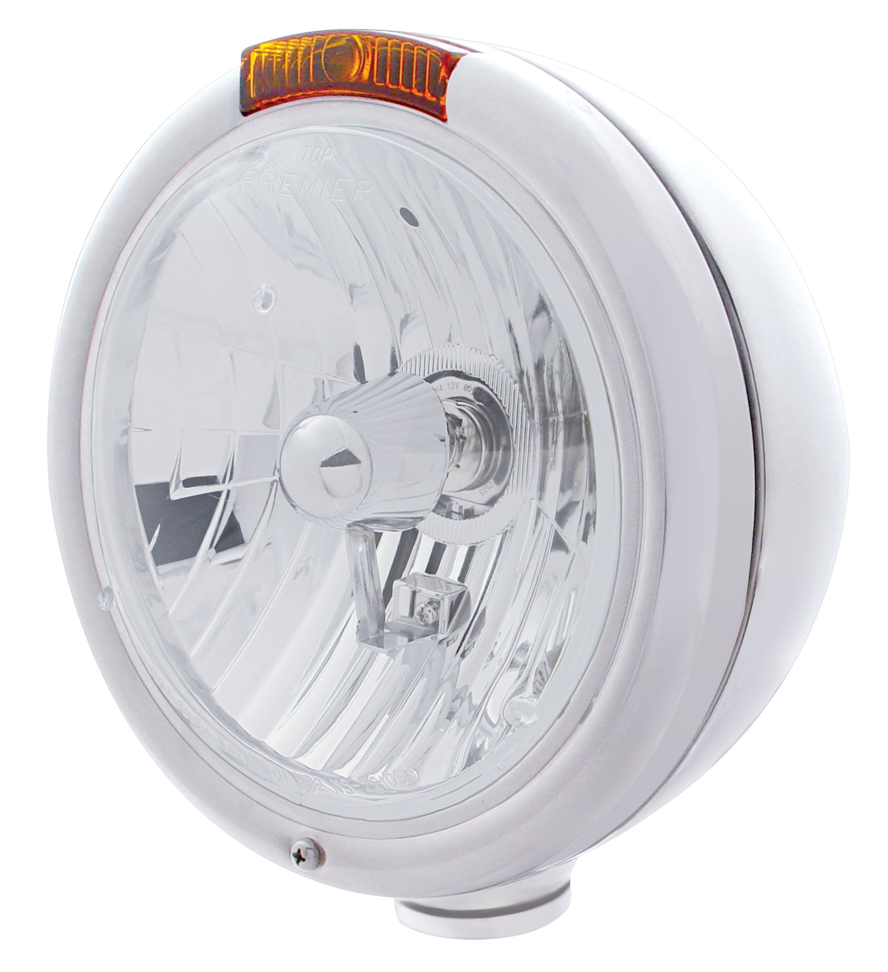 Chrome "Classic" Peterbilt Crystal H4 Halogen Headlight W/ Incandescent Signal Light - Amber Lens