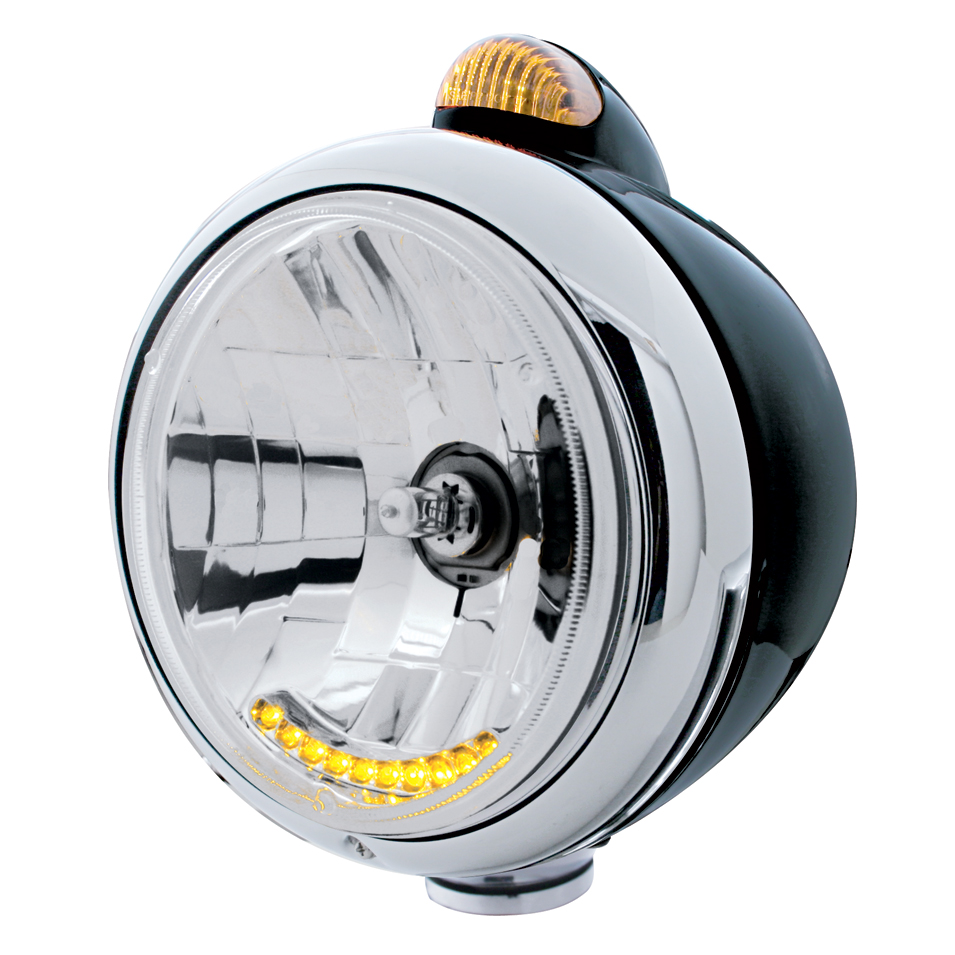 Black "Guide" Headlight W/ Amber Single Function Top Mount Light - 10 Amber Led Crystal Halogen