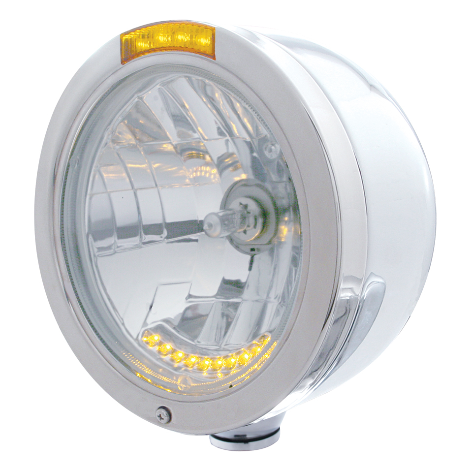 Stainless Steel Peterbilt "Bullet" Half-Moon Peterbilt Headlight W/ Amber Dual Function Signal Lt - 10 Amber Led Crystal Halogen