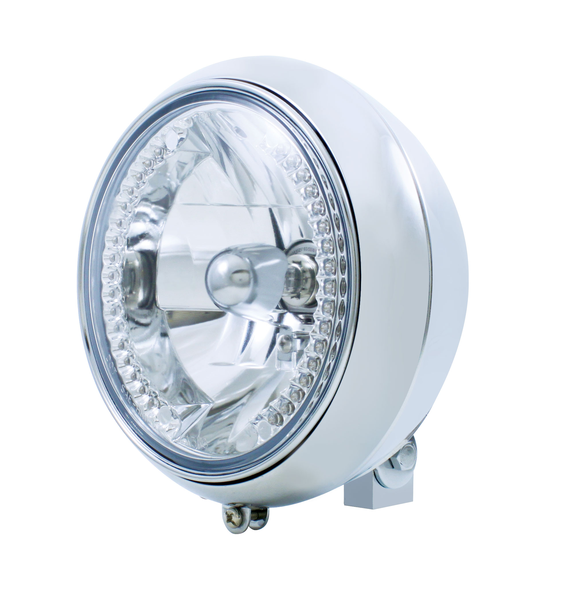 Chrome 7" Motorcycle Headlight With 34 Amber Auxiliary Led Crystal Bulb
