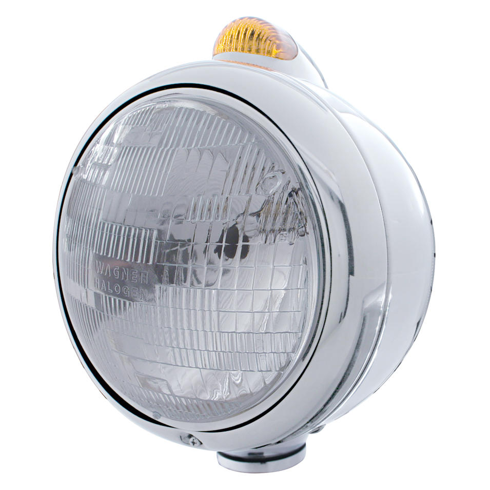Stainless Steel "Guide" H6024 Halogen Headlight With 5 Amber Led Dual Function Top Mount Light - Amber Lens