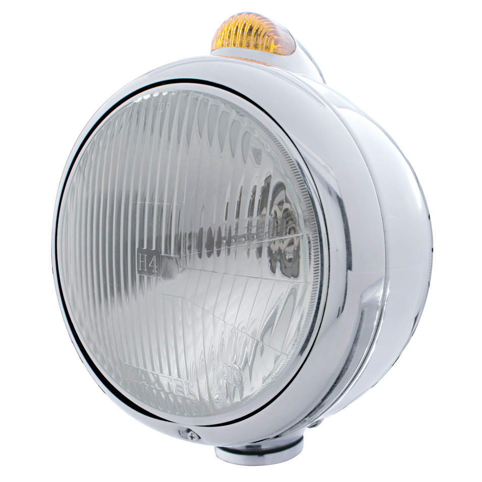 Stainless Steel "Guide" H4 Halogen Headlight With 5 Amber Led Dual Function Top Mount Light - Amber Lens