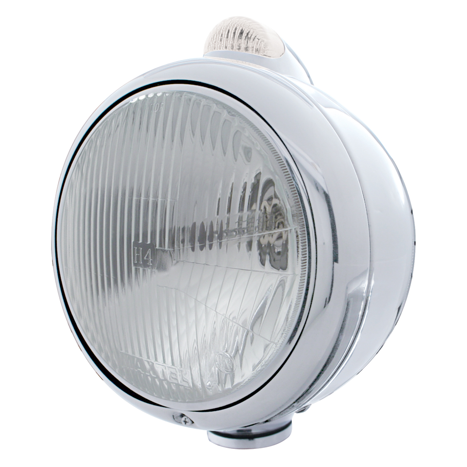 Stainless Steel "Guide" H4 Halogen Headlight With 5 Amber Led Dual Function Top Mount Light - Clear Lens