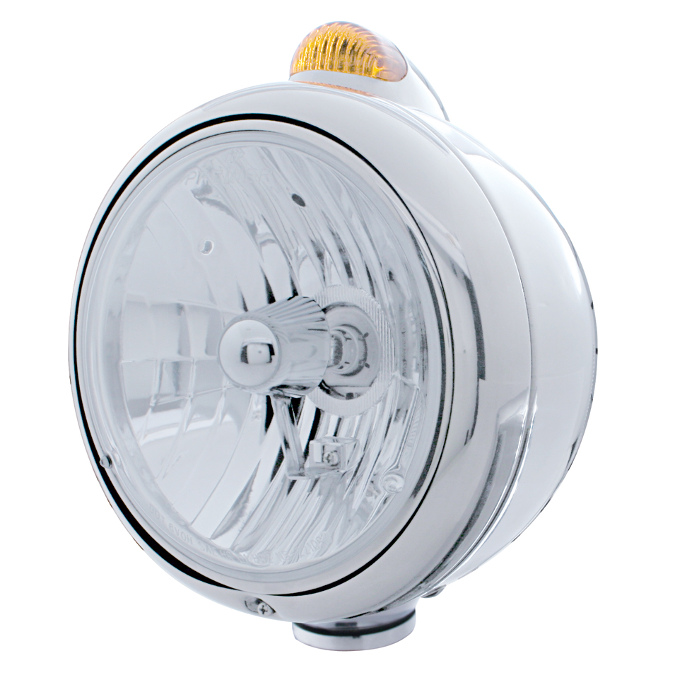 Stainless Steel "Guide" Crystal H4 Halogen Headlight With 5 Amber Led Dual Function Top Mount Light - Amber Lens