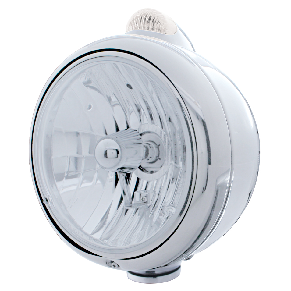 Stainless Steel "Guide" Crystal H4 Halogen Headlight With 5 Amber Led Dual Function Top Mount Light - Clear Lens