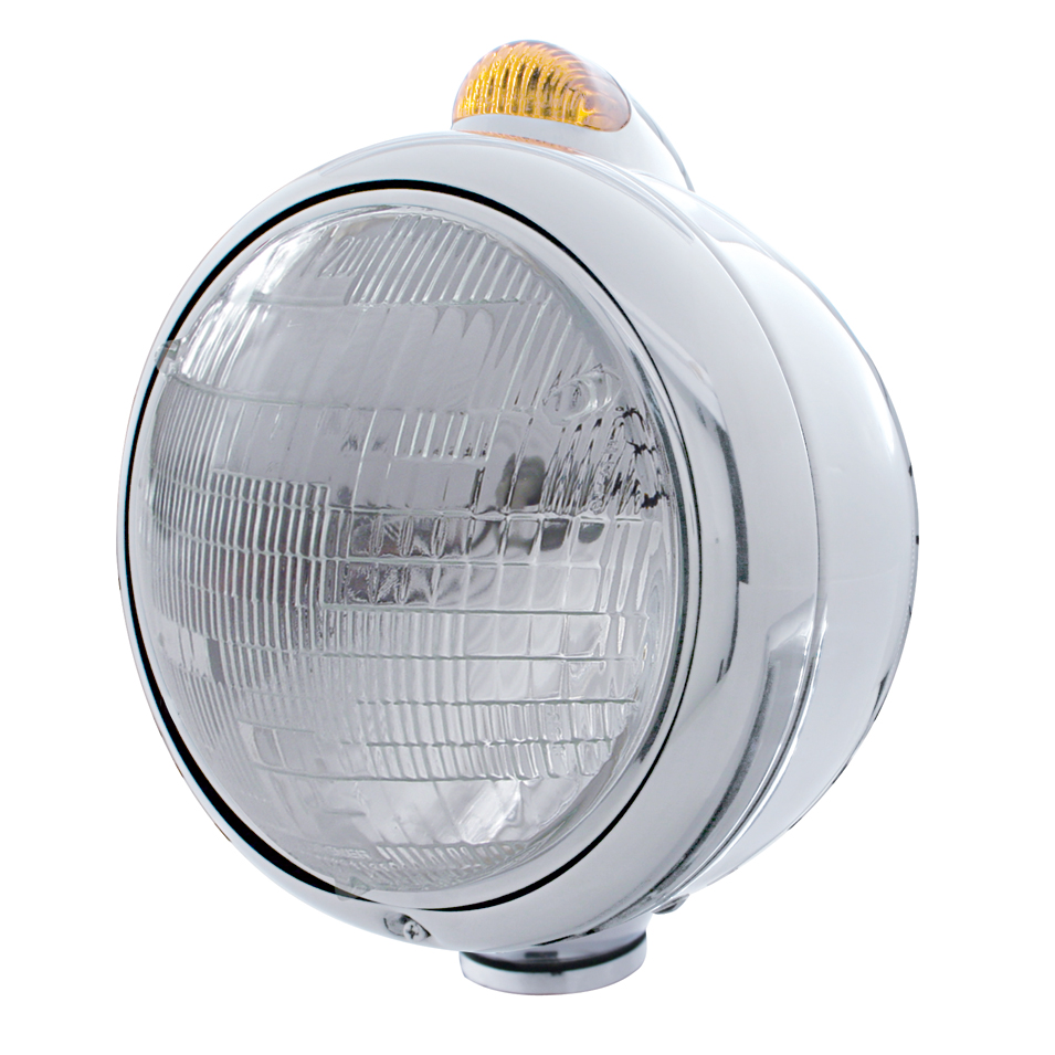 Chrome "Guide" 6014 Sealed Beam Headlight With 5 Amber Led Dual Function Top Mount Light - Amber Lens