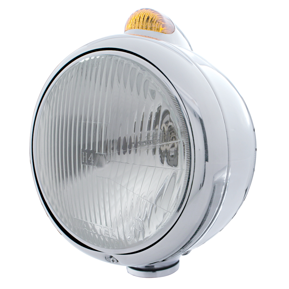 Chrome "Guide" H4 Halogen Headlight With 5 Amber Led Dual Function Top Mount Light - Amber Lens