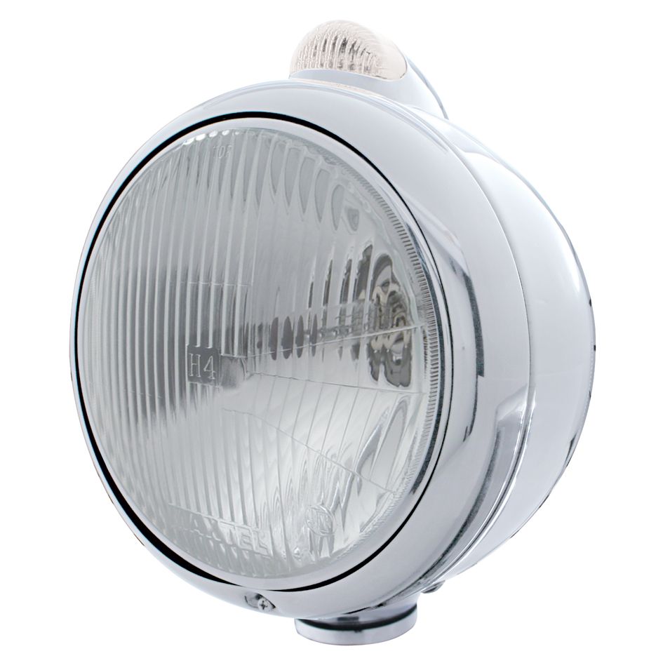 Chrome "Guide" H4 Halogen Headlight With 5 Amber Led Dual Function Top Mount Light - Clear Lens