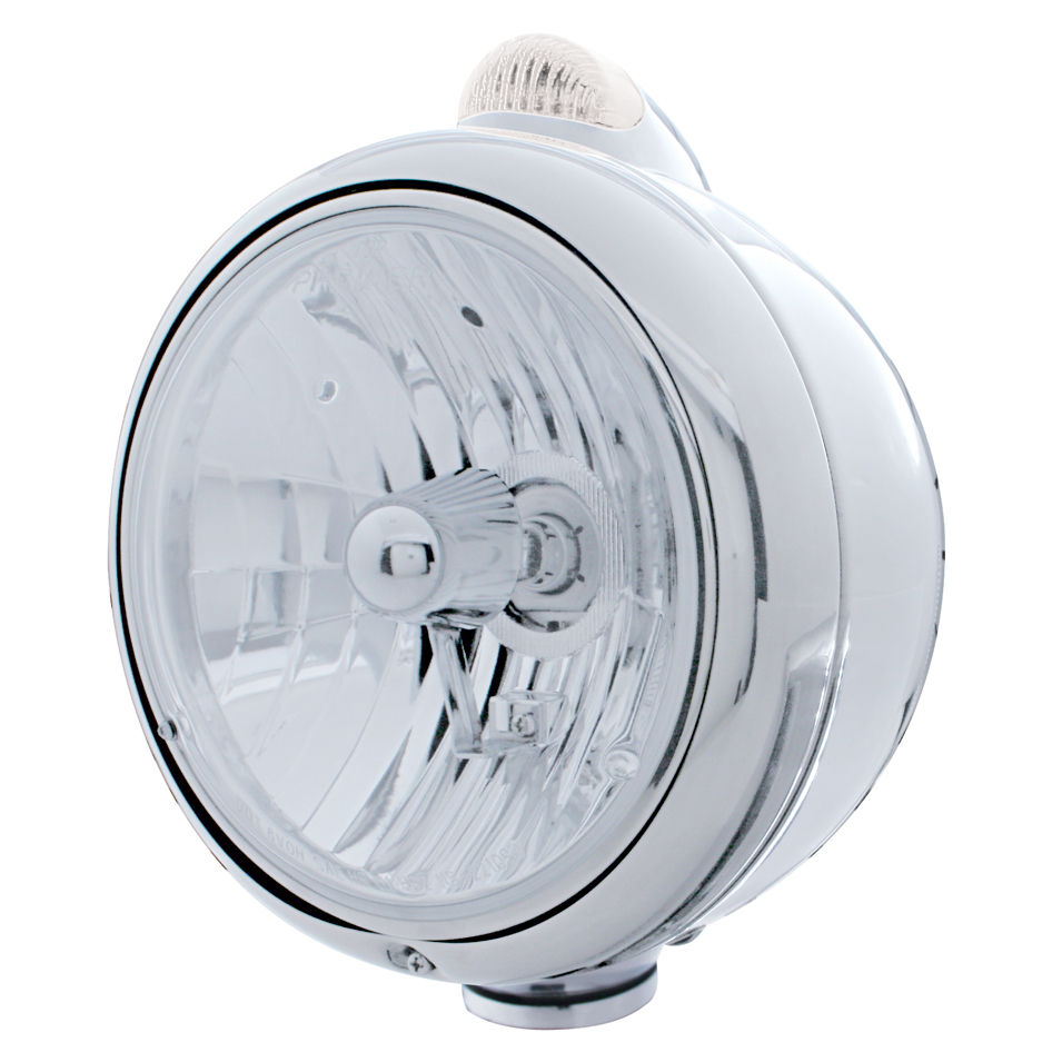 Chrome "Guide" Crystal H4 Halogen Headlight With 5 Amber Led Dual Function Top Mount Light - Clear Lens