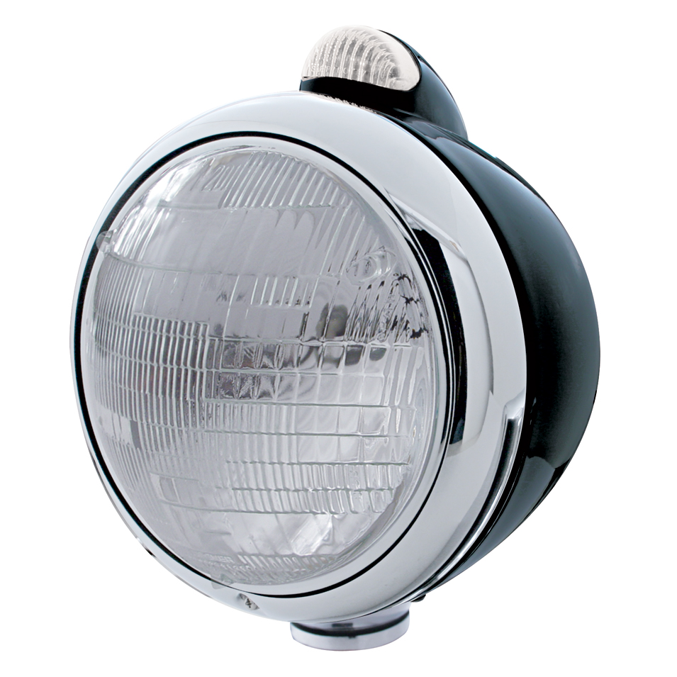 Black "Guide" 6014 Sealed Beam Headlight With 5 Amber Led Dual Function Top Mount Light - Clear Lens
