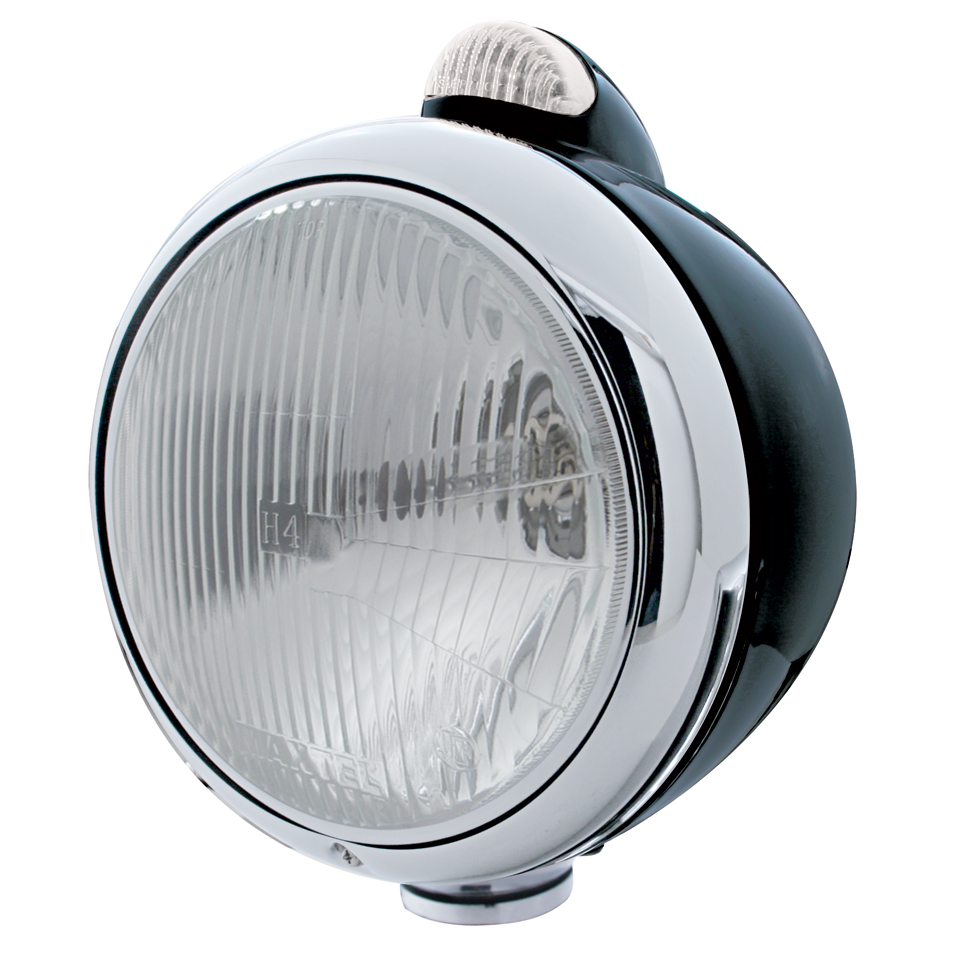 Black "Guide" H4 Halogen Headlight With 5 Amber Led Dual Function Top Mount Light - Clear Lens