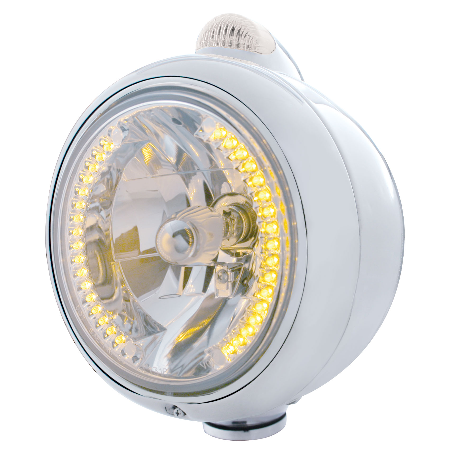 Chrome "Guide" Headlight W/ Amber/Clear Top Mount Light - 34 Amber Led Crystal Halogen