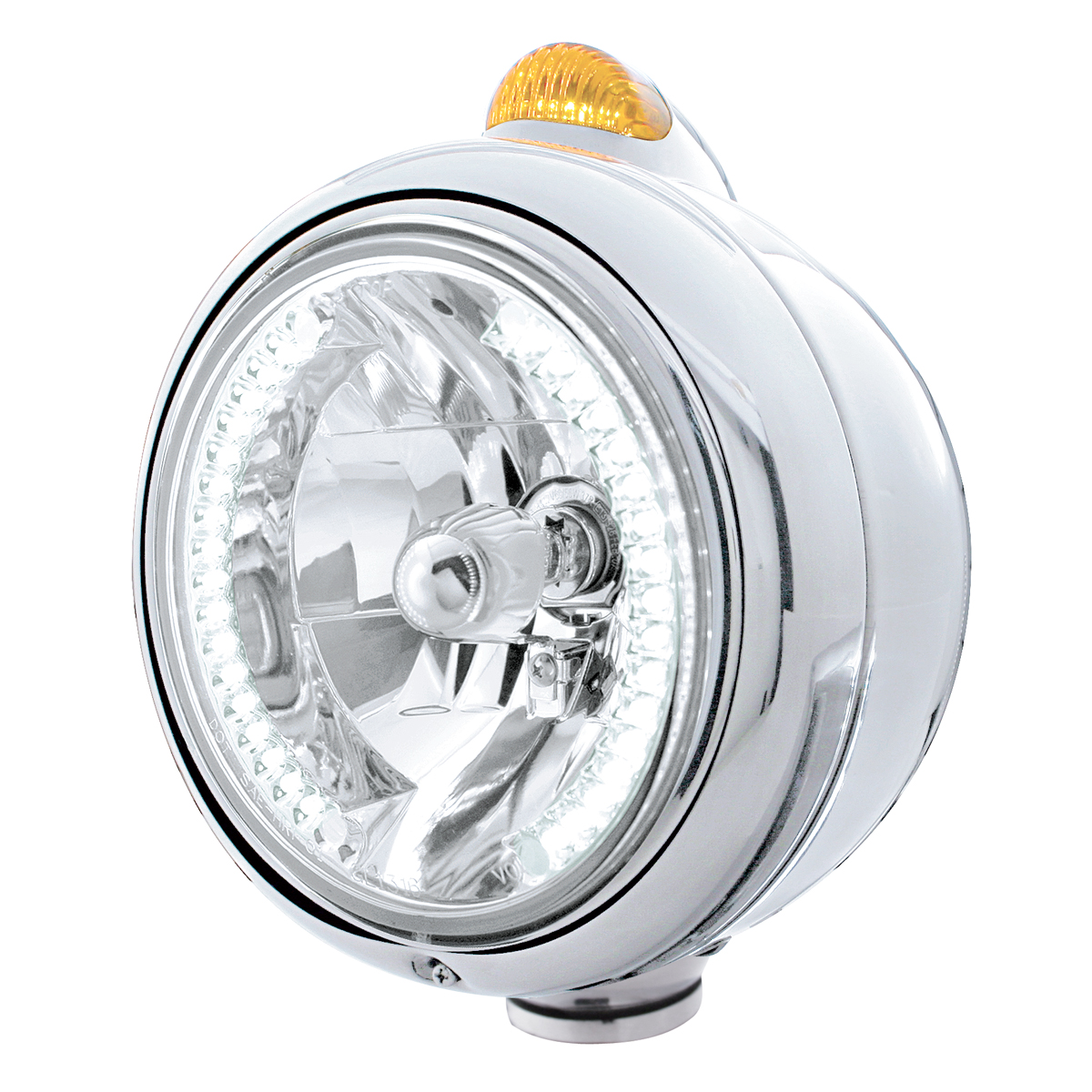 Chrome "Guide" Headlight W/ Amber Top Mount Light - 34 White Led Crystal Halogen