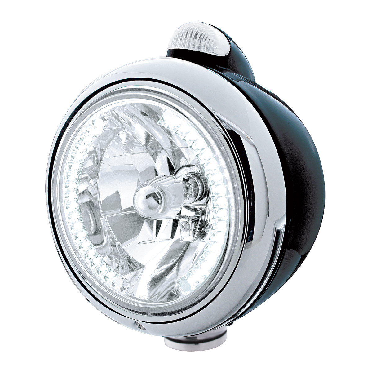 Black "Guide" Headlight W/ Amber/Clear Top Mount Light - 34 White Led Crystal Halogen